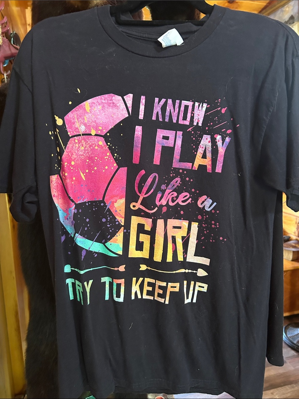 Gildan Black Kids' Tee with Pink, Teal, Yellow & Purple Soccer Graphic